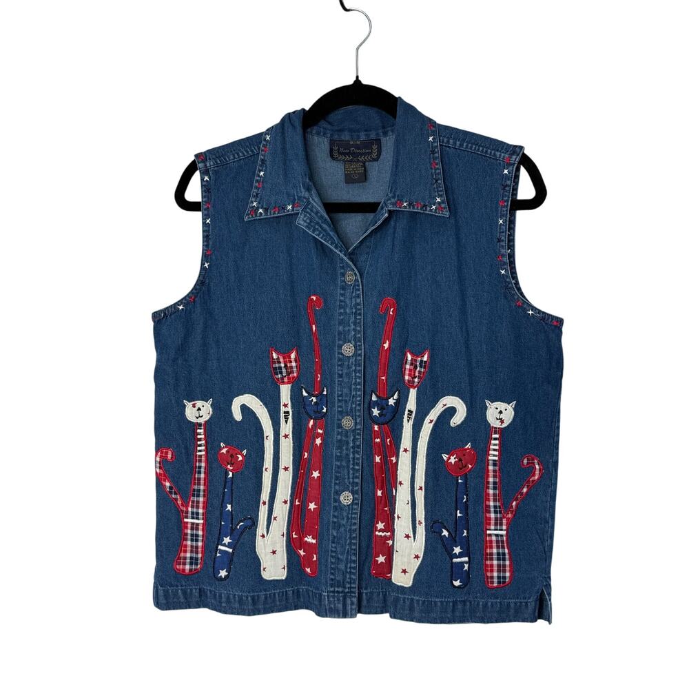 Vintage New Directions Denim Vest Women L Cat Embroidered Patriotic USA July 4th